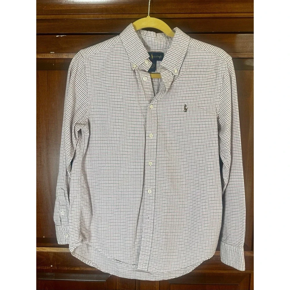 Ralph Lauren Boys 14-16 Custom Fit Button Down Shirt Blue White Check Cotton